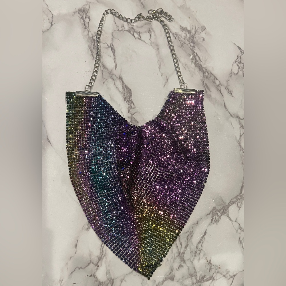 Vintage 70s Sparkly Chainmail Bib Necklace Rainbow purple Tone